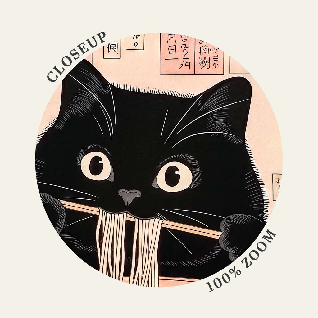 Picture. Black cat eating noodles.