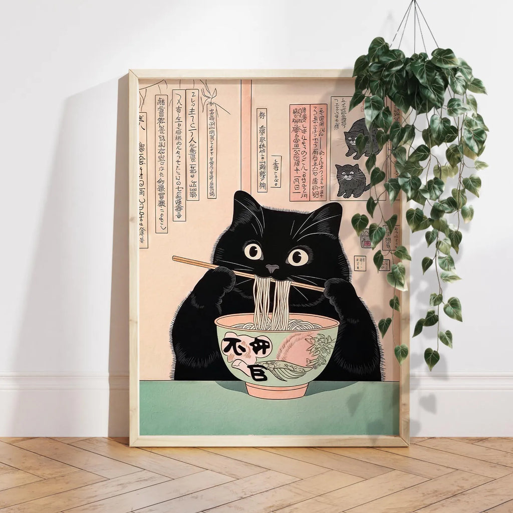 Picture. Black cat eating noodles.