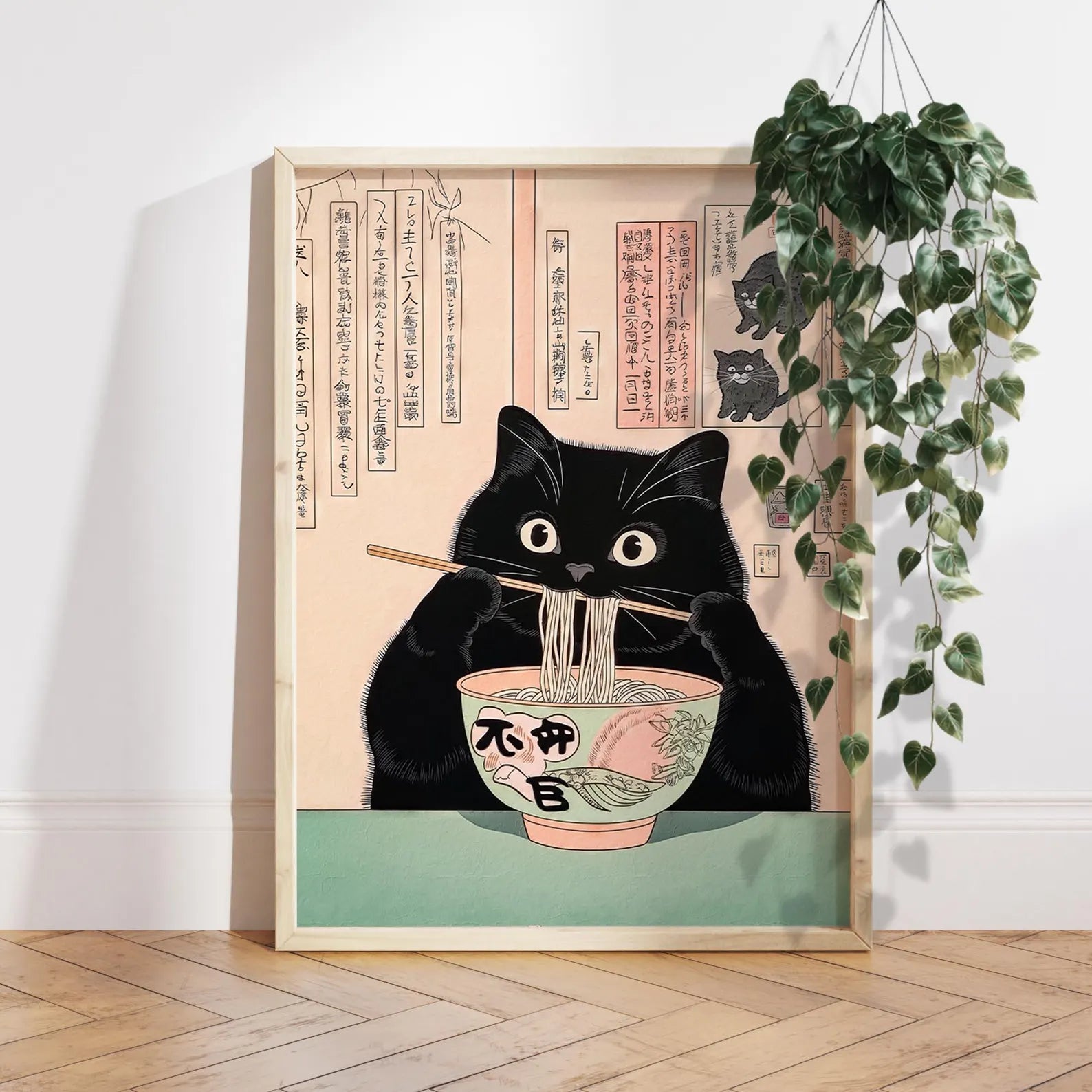 Picture. Black cat eating noodles.