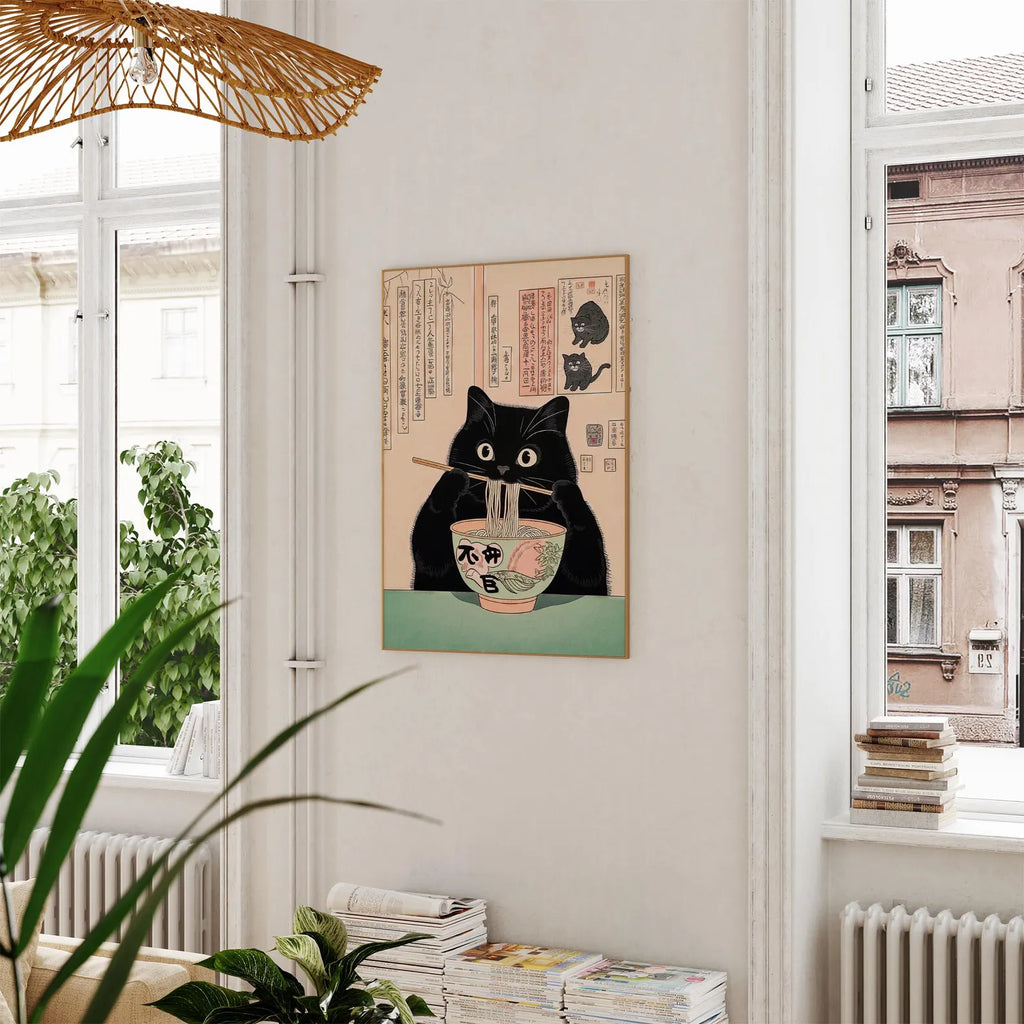 Picture. Black cat eating noodles.