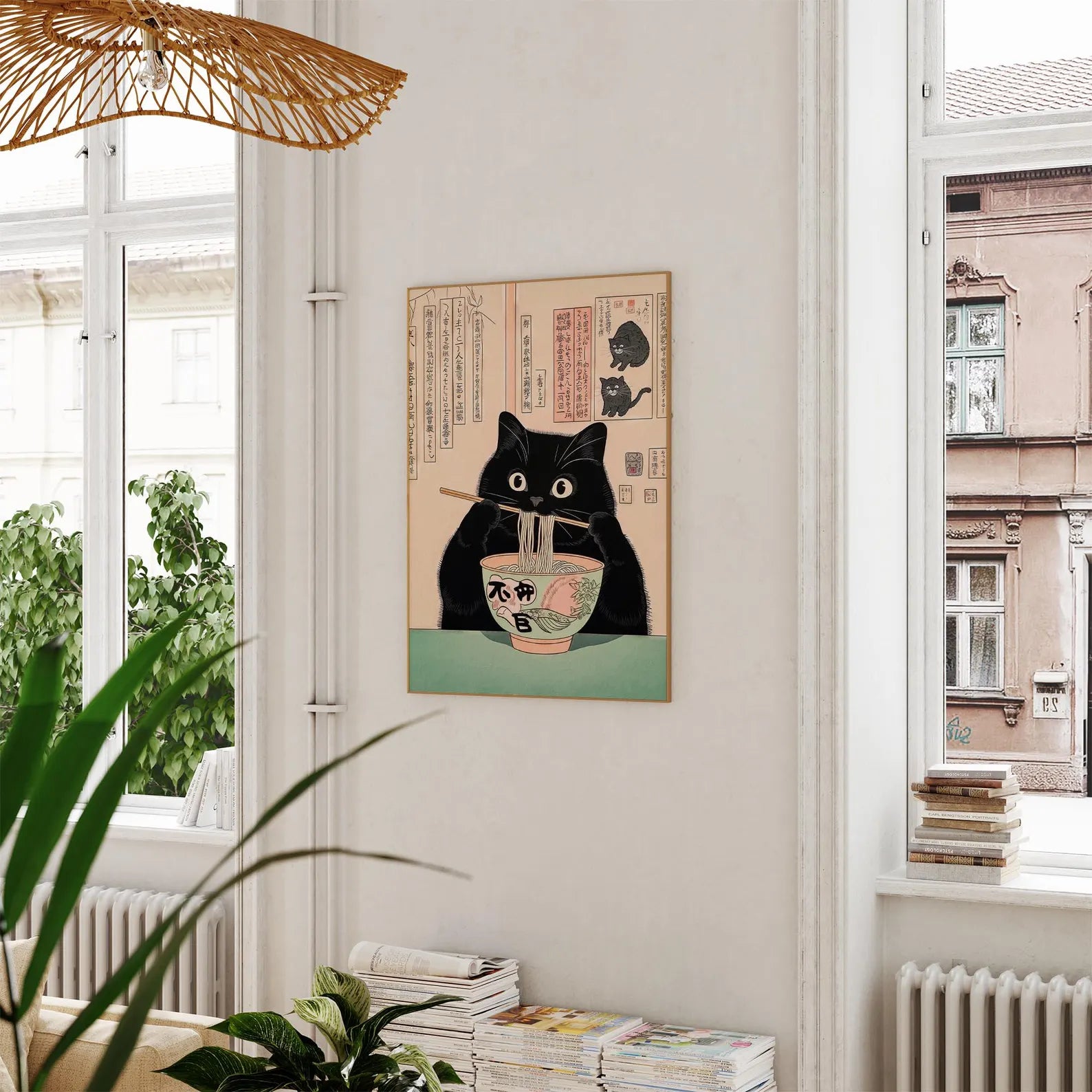 Picture. Black cat eating noodles.