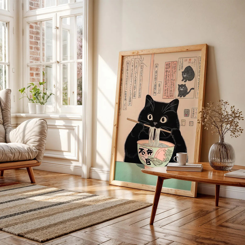 Picture. Black cat eating noodles.