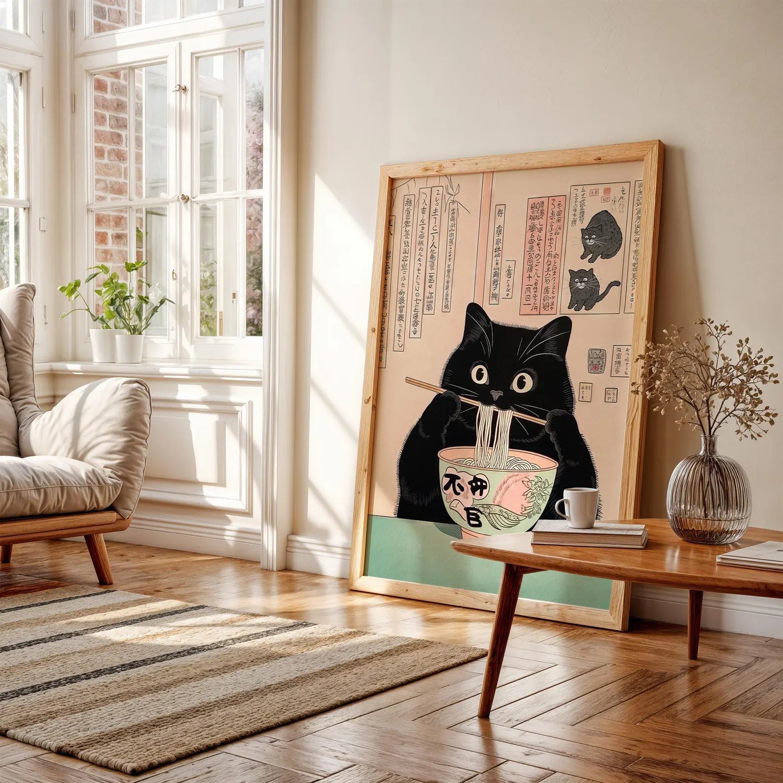 Picture. Black cat eating noodles.