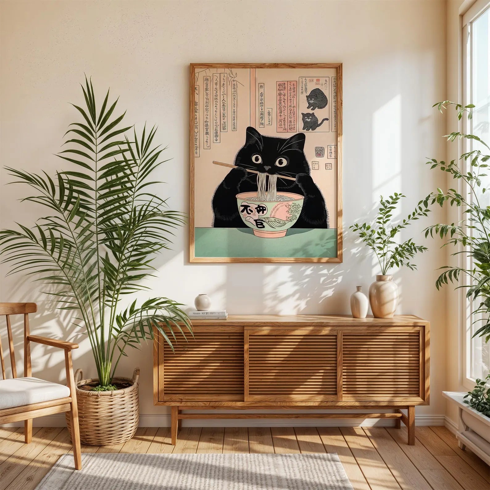 Picture. Black cat eating noodles.