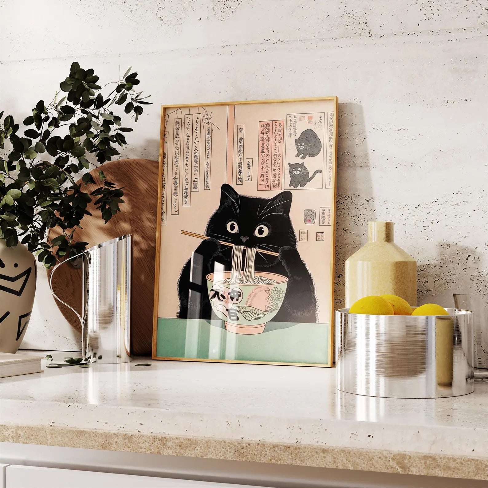 Picture. Black cat eating noodles.