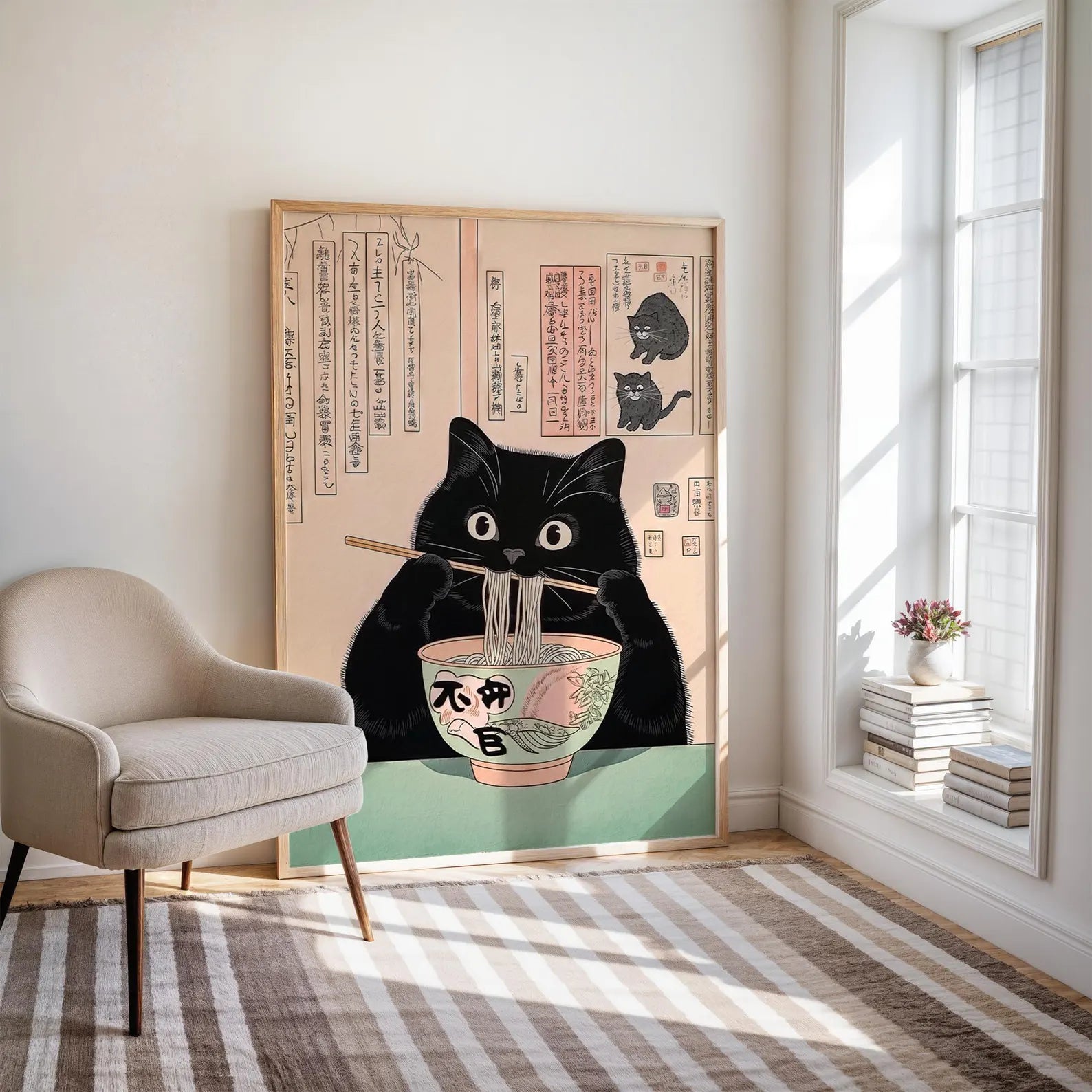 Picture. Black cat eating noodles.