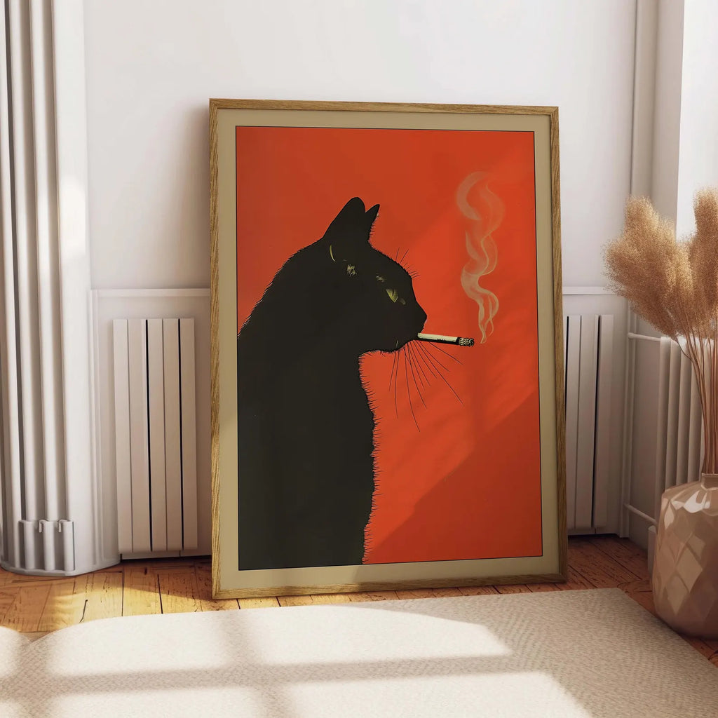 Black cat smocking. Vintage poster.