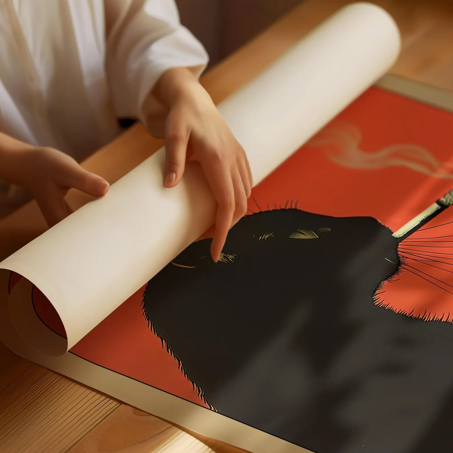 Black cat smocking. Vintage poster.